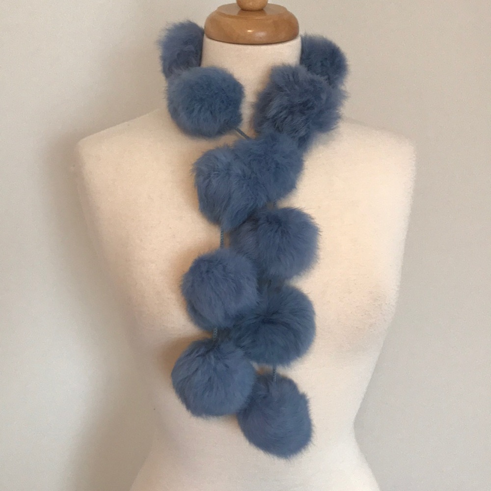 Light Winter Blue, genuine angora pom pom scarf - Picture 2 of 7